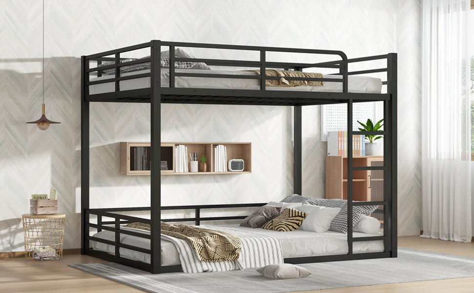 Metal Bunk Bed, Full over Full Floor Bunk Bed Frame,Heavy-Duty Bunk Bed for Kids, Teens, Adults, Noise-reduced Design, Black