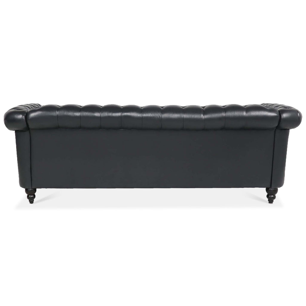 84.65" BLACK PU Rolled Arm Chesterfield Three Seater Sofa