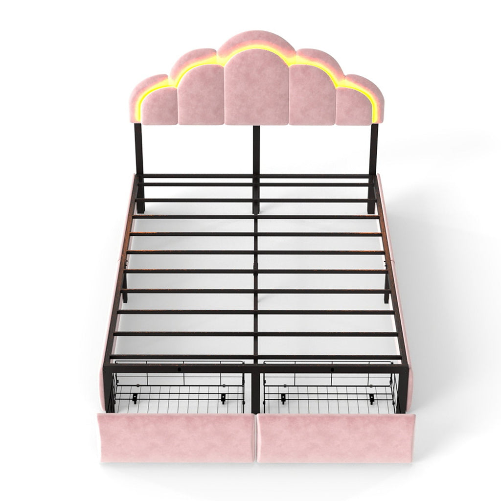 RGB LED Velvet Upholstered Platform Bed with Petal Headboard and Storage Drawers for Kids Bedroom in Pink, Wood+Metal Construction