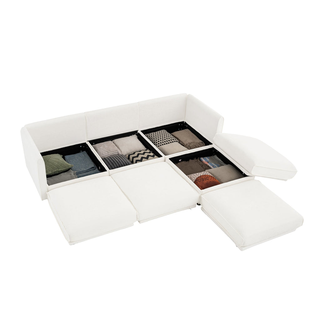 Elegant White Chenille  Sofa with Storage Seat and Ottoman, L-Shaped 3-Seater Cylindrical Backrest and Armrests, Contemporary 3-Seater Fabric Couch with Hidden Storage Compartment