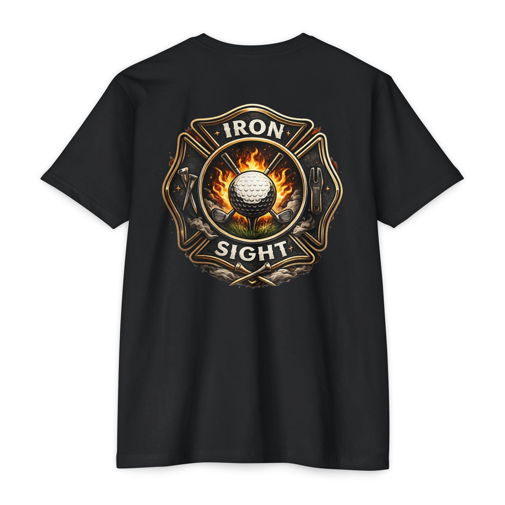 Iron Sight Golf T‑Shirt — Vintage Fire Fighter Golfing Crew Tee
