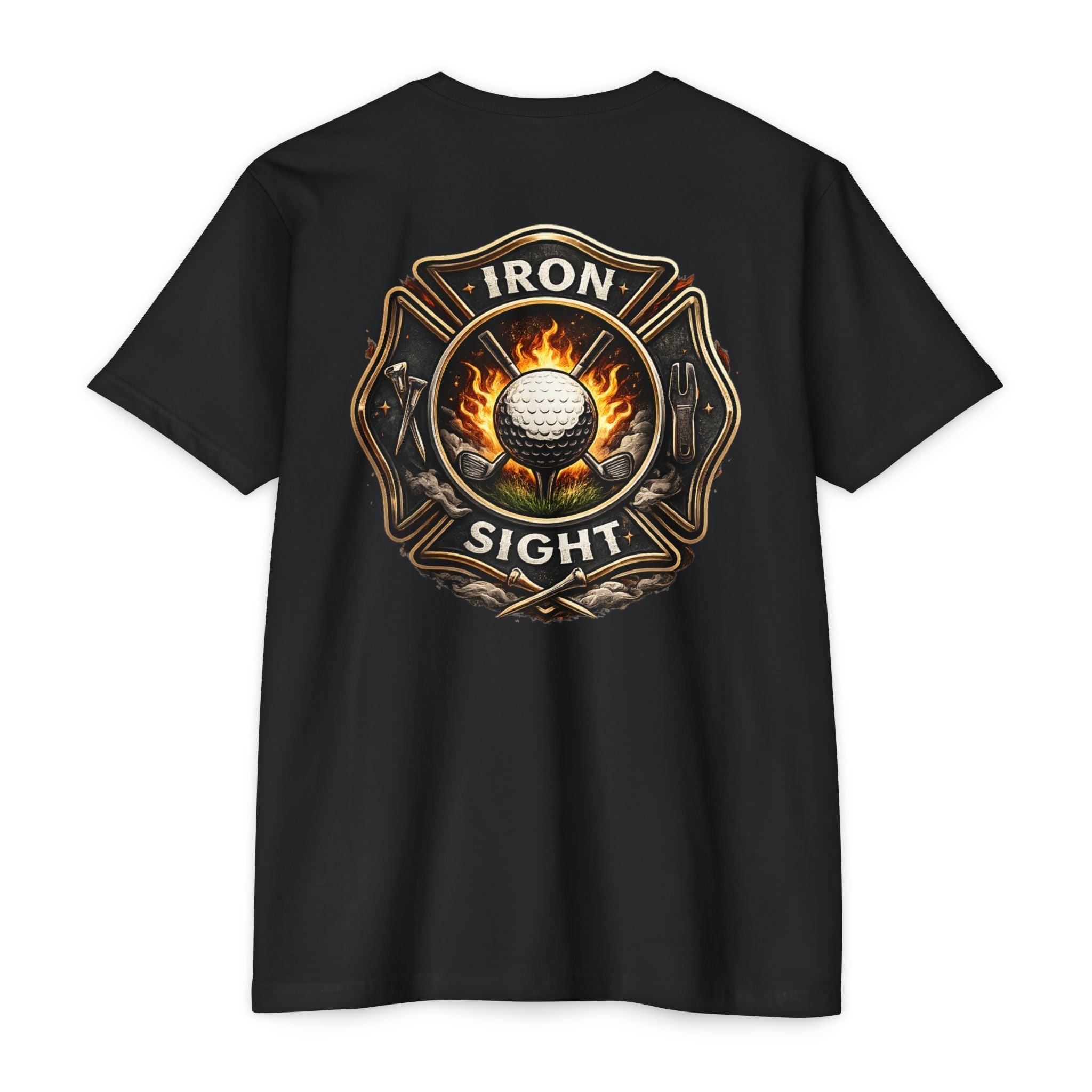 Iron Sight Golf T‑Shirt — Vintage Fire Fighter Golfing Crew Tee