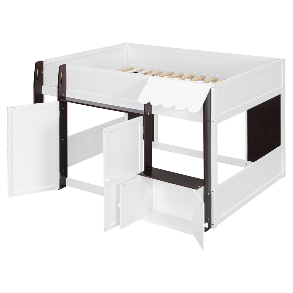 Full Loft House Bed with Playhouse & Storage, Modern Wood Cabin Bed for Kids/Teens, White+Espresso