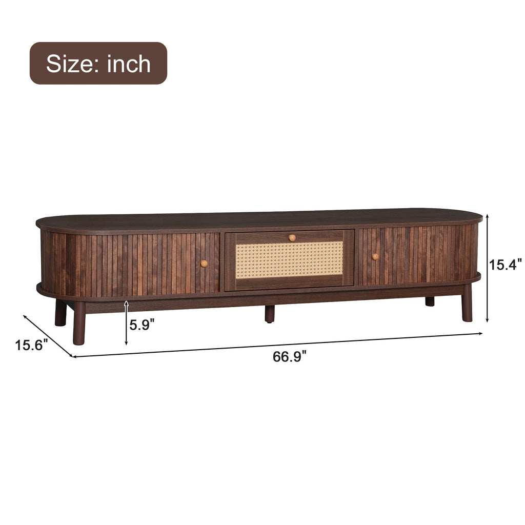 Modern Design TV Stand for 75' TVs, Media Console TV Cabinet with Rattan-Front Drawer for Living Room, 1 Drawer and 2 Sliding-Door Cabinets