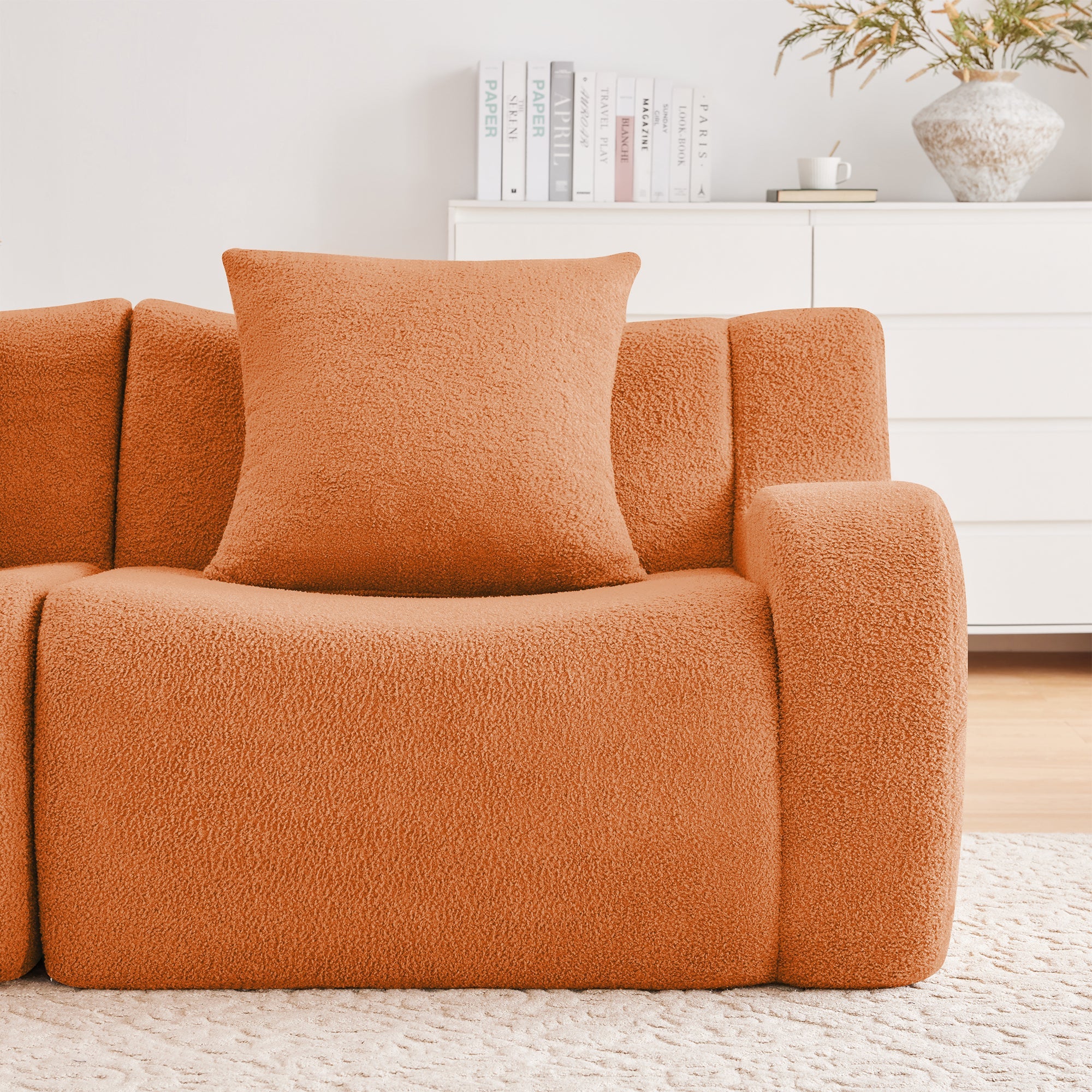 U-Shaped Boneless Sofa,Teddy Fabric No assembly required Curved armrest,Anti-slip Design,Streamlined Design 32D High Density Sponge,Full Compression Vacuum Packag,For Studies living Rooms,Orange