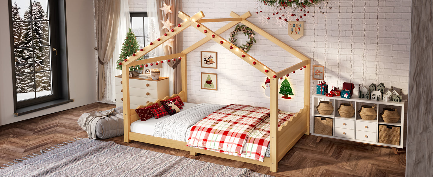 Full House Floor Bed with Support Slats, Solid Wood House Bed Frame for Kids, No Box Spring Needed and Opening Constructure, Natural