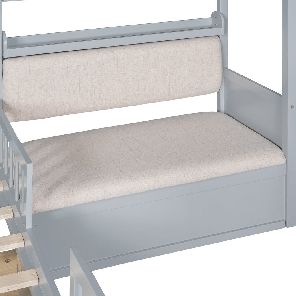 Twin Size House Bed with Sofa, Kids Platform Bed with Two Drawers and Storage Shelf, Gray (Old SKU:HL000065AAE)