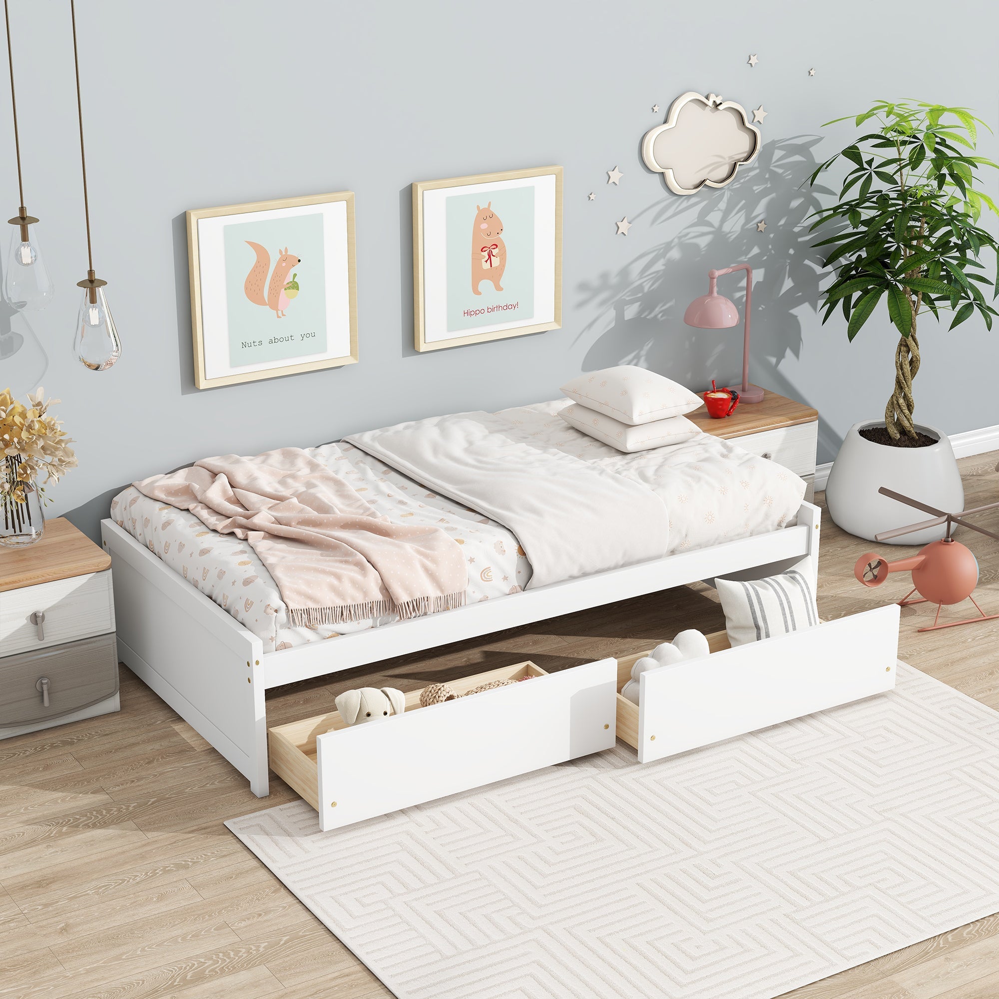 Twin Size Bed with 2 Drawers, Solid Rubber Wood Bed,White