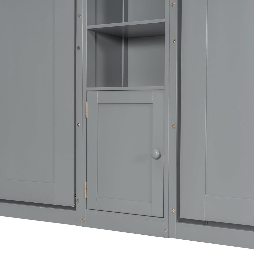 Dual Twin size Wall Murphy Beds with Cabinets and Shelves, Gray
