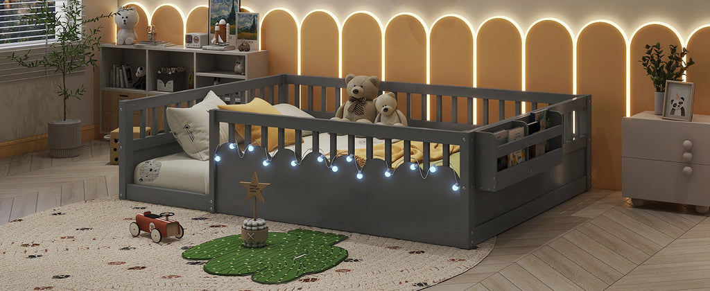 Full Montessori Floor Bed Frame with High Rails, Wood Kids Floor Beds with Light and Storage Shelf, Gray(Expect Arrival Date 2025/8/15)