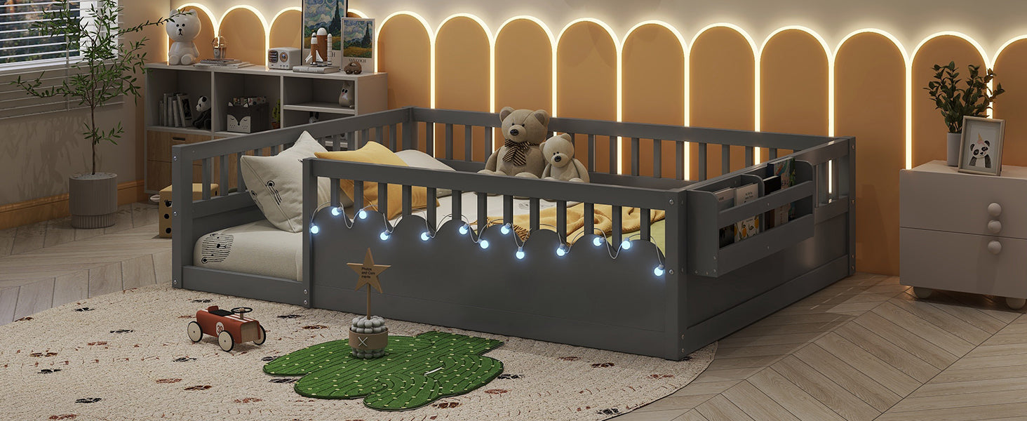Full Montessori Floor Bed Frame with High Rails, Wood Kids Floor Beds with Light and Storage Shelf, Gray(Expect Arrival Date 2025/8/15)