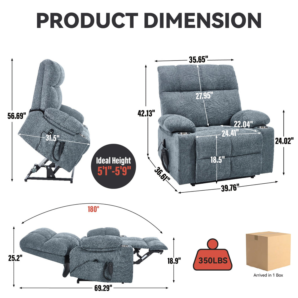 Grey Dual Motor Infinite Position Up to 350 LBS Chenille Power Lift Recliner Chair, Heavy Duty Motion Mechanism with 8-Point Vibration Massage and Lumbar Heating, Dual Cup Holders