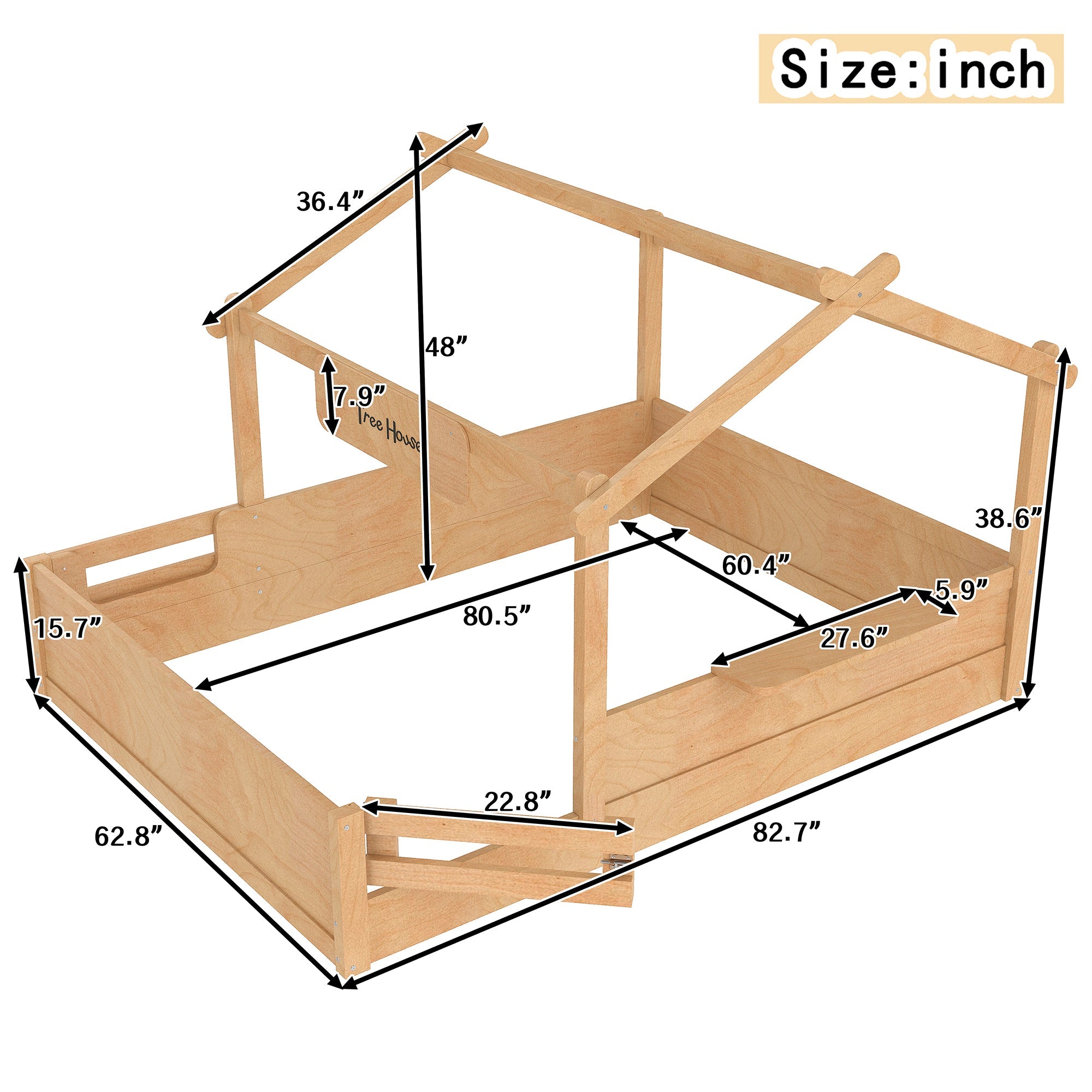 Queen Size Floor Bed with Guardrails and Roof, Kids House Floor Bed with a Small Built-in Tray and Free-installed Signboard, Childlike Design,Natural