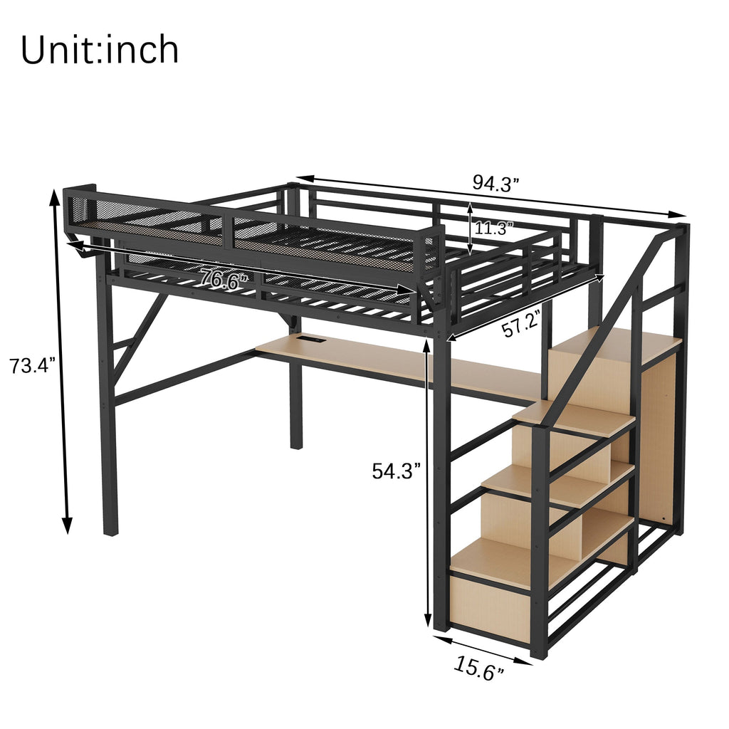 Full Loft Bed with Desk and Charging Station, Full Size Metal Loft Bed with Stairs and Light for Kids Teens, Black, Patent Products