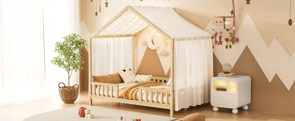 Montessori Floor Bed with Canopy, Full Bed Frame for Kids, House Shape Kids Bed Frame with High Railings, Wood Kids Bed with Roof, Kid Full Bed, Natural
