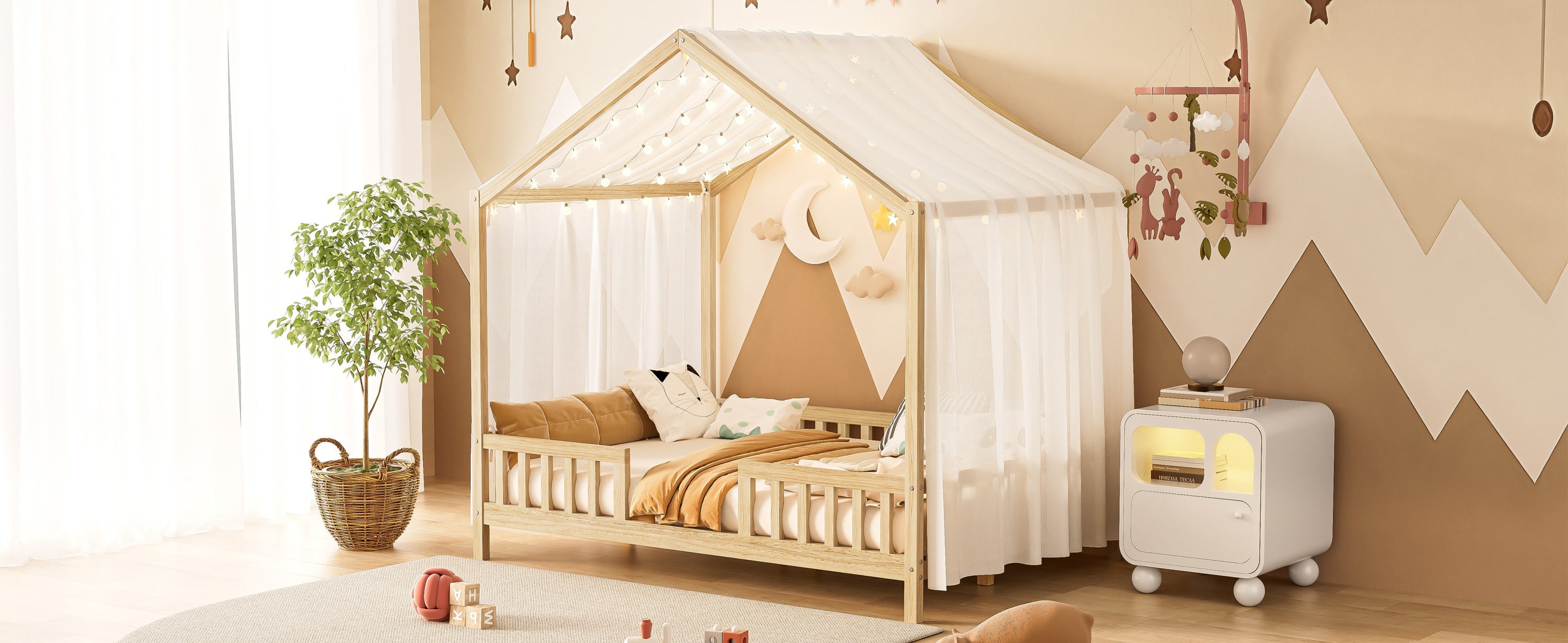 Montessori Floor Bed with Canopy, Full Bed Frame for Kids, House Shape Kids Bed Frame with High Railings, Wood Kids Bed with Roof, Kid Full Bed, Natural