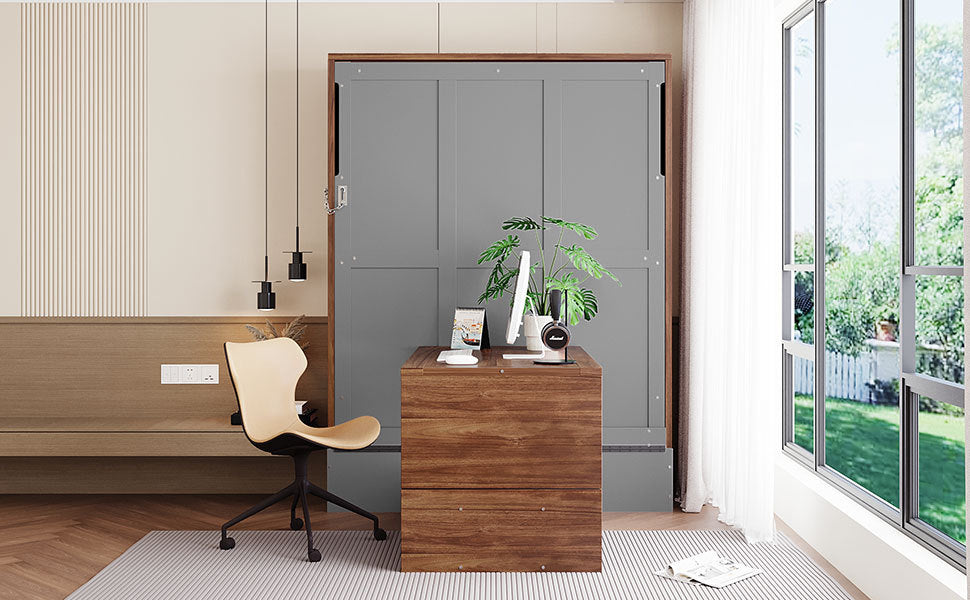 Full Size Murphy Bed with Foldable Desk – Space Saving Wall Bed - Walnut & Gray