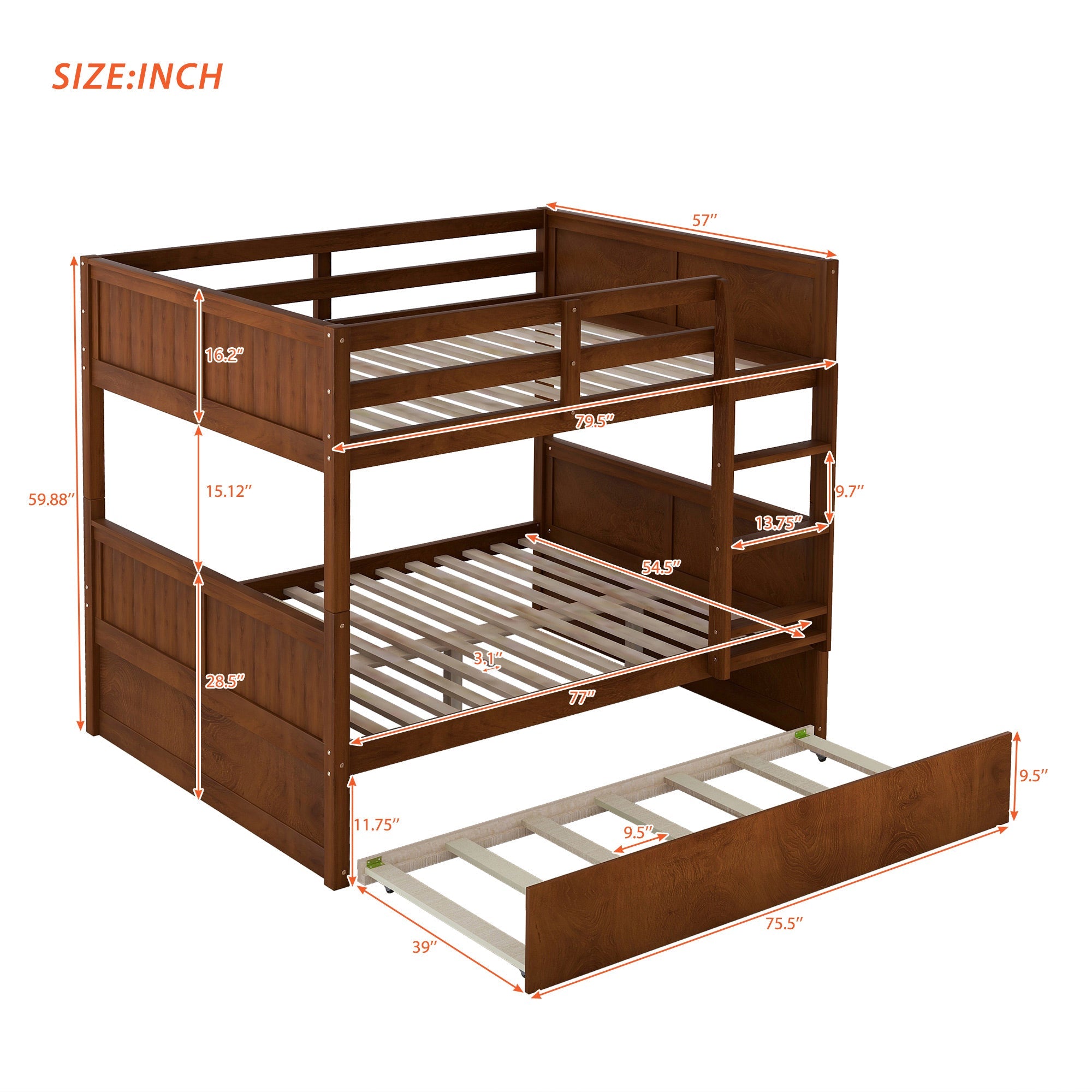 Hearth & Haven Full over Full Bunk Bed with Twin Size Trundle, Walnut