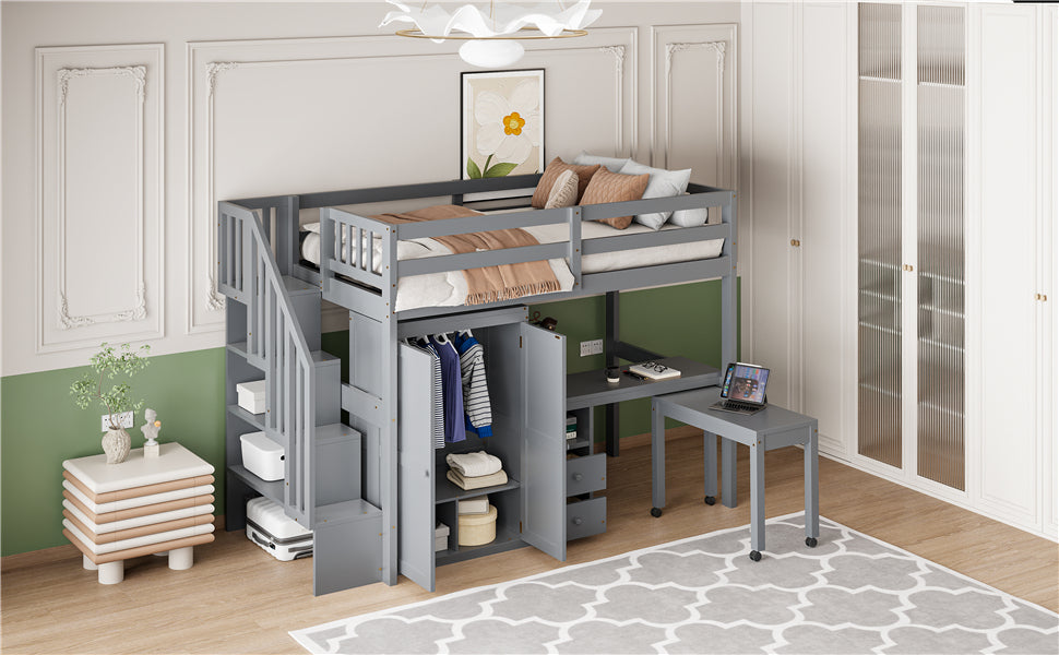 Twin Size Loft Bed with Stairs, Bookshelf, Drawers, Desk & Wardrobe – Space-Saving Multifunctional Furniture for Kids & Teens-Gray
