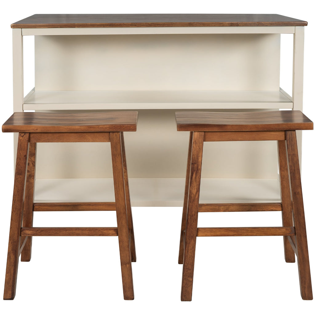 TOPMAX Rustic 3-piece Stationary Kitchen Island Set with Butcher Block and Seating, Walnut and Cream White
