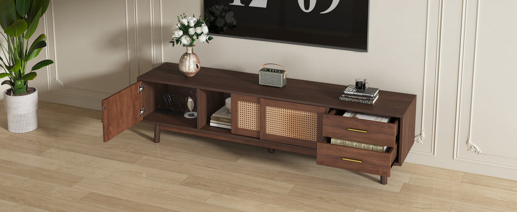 Mid Century Modern TV Stand for 80' TVs, Entertainment Center with Sliding Doors and Drawers, TV Table with Storage for Living Room, Bedroom