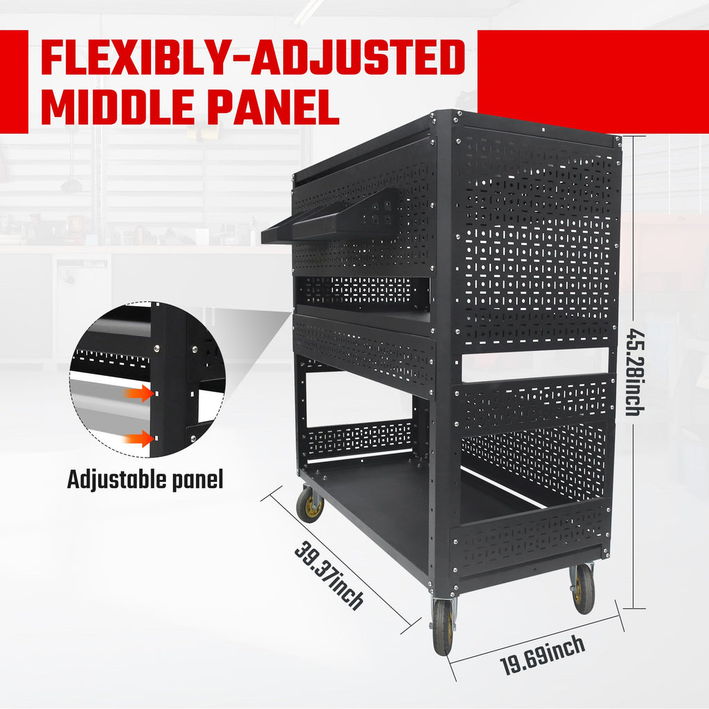 3-Tier  DIY Detachable Utility Cart Storage Tool Cart With Steel Pegboard, Foldable Rolling Tool Cart with Wheels For Garage Organizer and Tool Storage