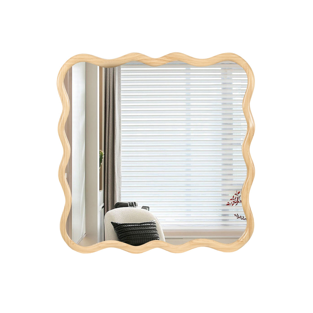 Solid Wood Wavy Square Mirror-Natural Wood 36" x 36" Modern Mirror Wall Decor for Bathroom, Bedroom, Living Room, Dining Room, Cloakroom, Entryway