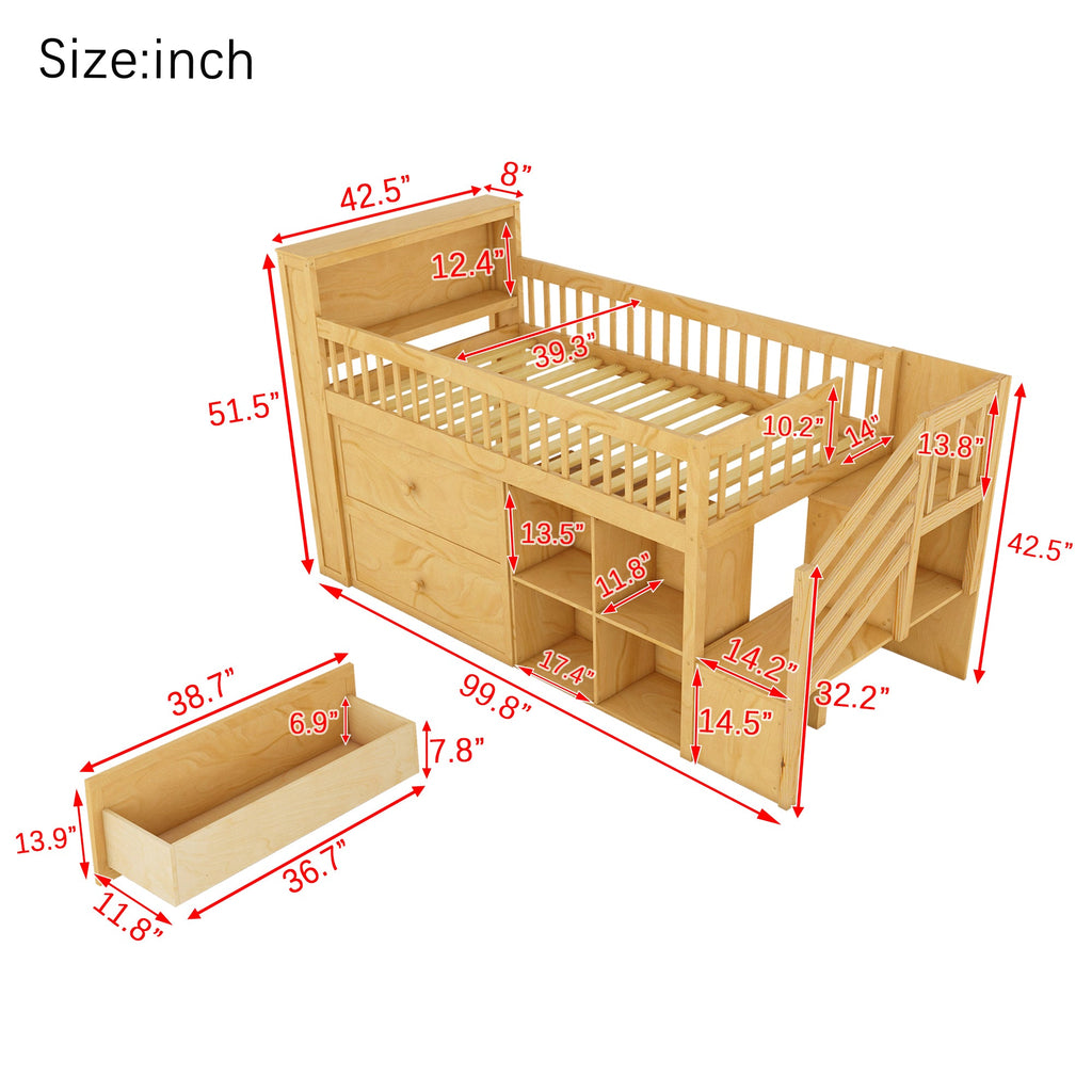 Twin Size Loft Bed with LED and Bookshelf, Wood Low Loft Bed with Stairs, Kids Twin Loft Bed with Storage Drawers and Shelves, Natural (Expect Arrival Date 2025/1/20)