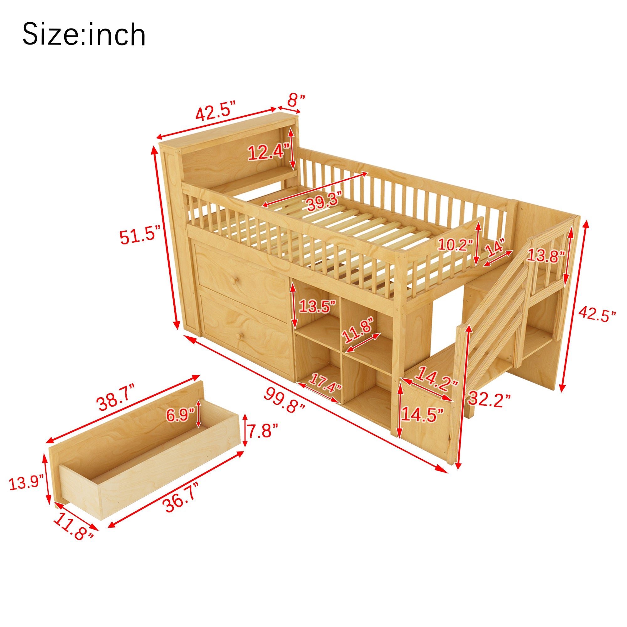 Twin Size Loft Bed with LED and Bookshelf, Wood Low Loft Bed with Stairs, Kids Twin Loft Bed with Storage Drawers and Shelves, Natural (Expect Arrival Date 2025/1/20)