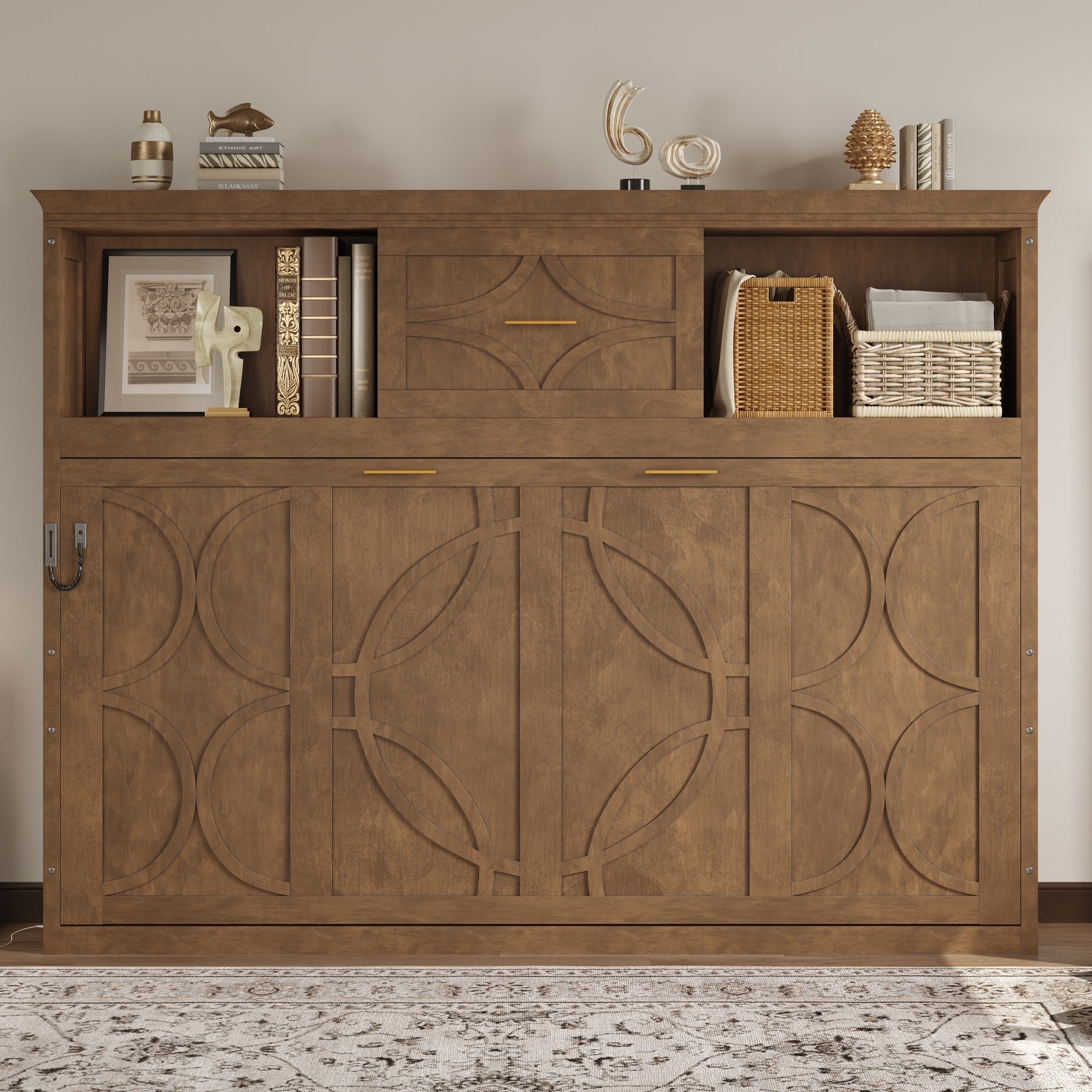 Twin Size Murphy Bed with Charging Station and Drawer in Wood Color, Solid Pine Wood + MDF