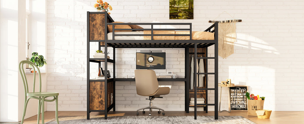 Metal Loft Bed with Wardrobe And L-shaped Desk, Queen Size Loft Bed with Storage Cubes and Shelves, Heavy Duty Loft Bed for Kids Teens Adults, Black Woodgrain