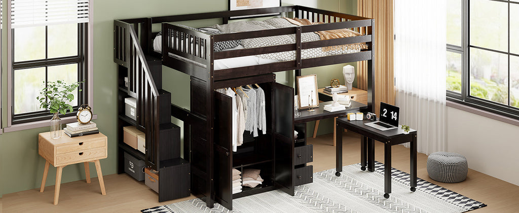 Full Size Loft Bed with Stairs, Bookshelf, Drawers, Desk & Wardrobe – Space-Saving Multifunctional Furniture for Kids & Teens-Espresso