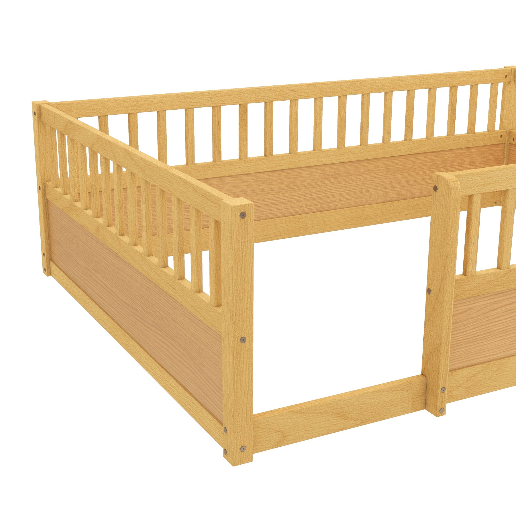 Full Floor Bed Frame with Fence, Montessori wooden children's floor bed,Wood Kids Floor Beds Frame for Bedroom Playroom,Natural