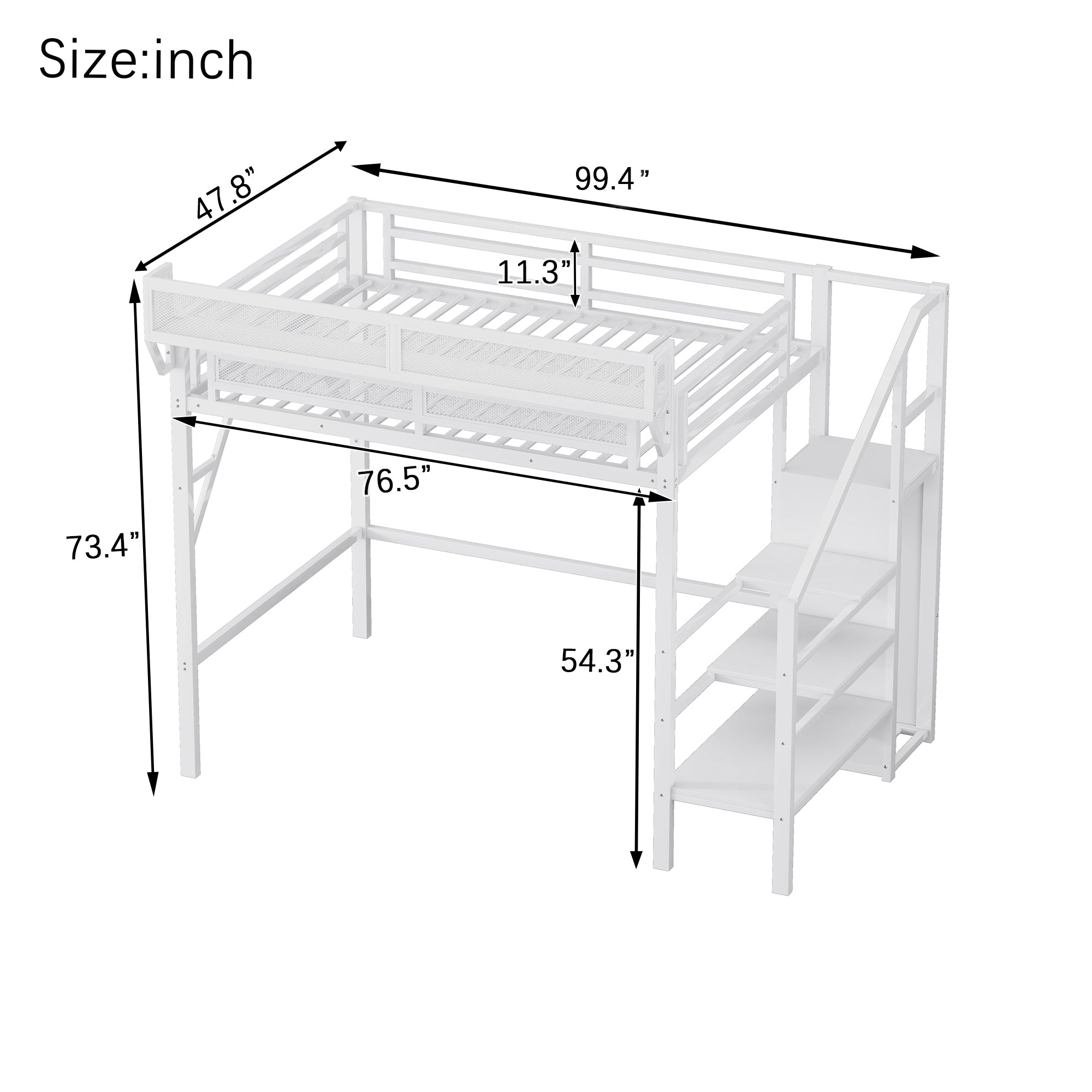 Twin XL Size Loft Bed with Stairs, Metal Full Loft Bed with Storage Shelves, High Loft Bed with Wardrobe for Kids Teens,White(Expect Arrival Date 2025/10/14)