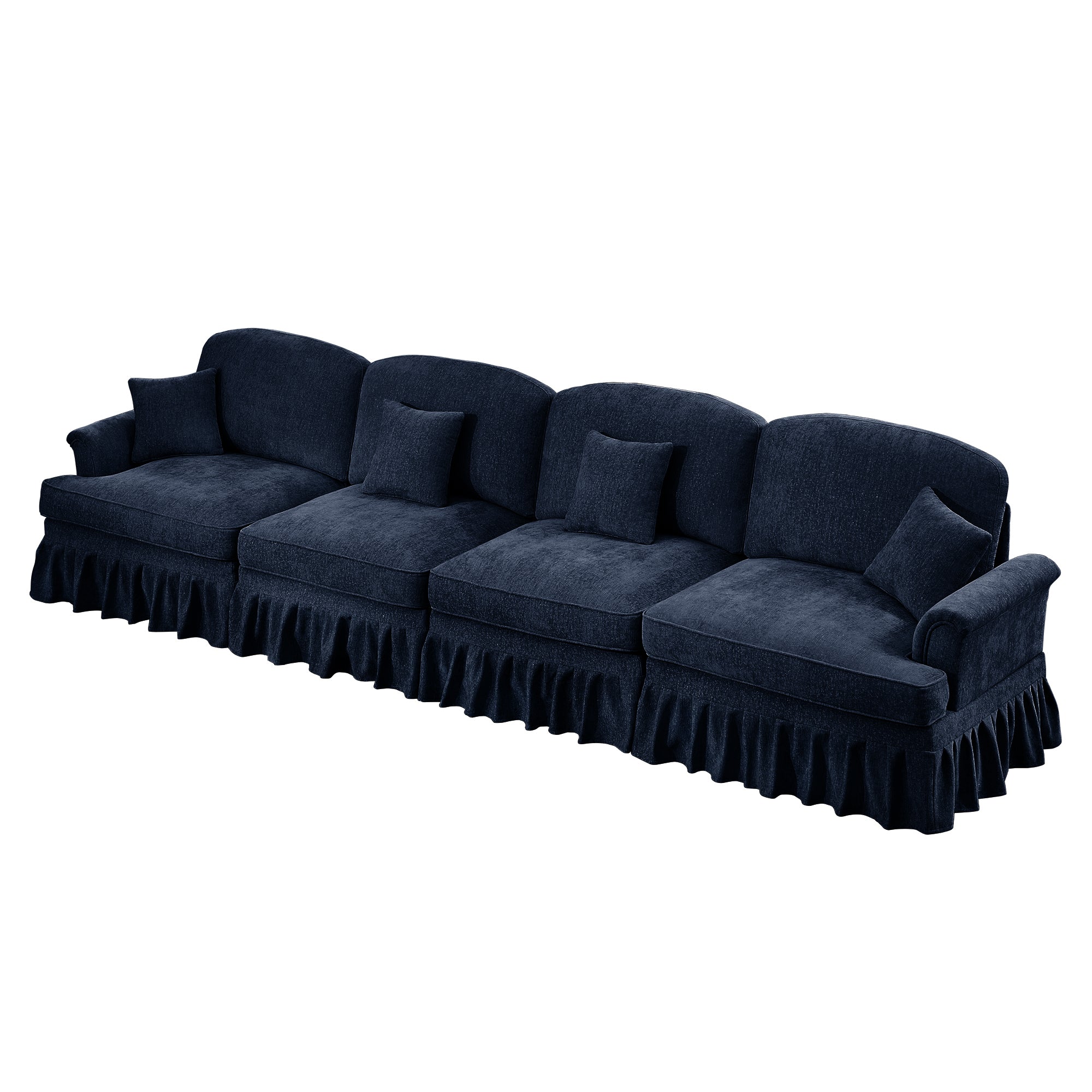 Elegant Mid Century Large 4 Seater Sofa Couch with Flared Arms and Removable Ruffles Pleats Skirts and Spindle Legs, Comfy Chenille Four-Seat Sofa for Living Room, Blue