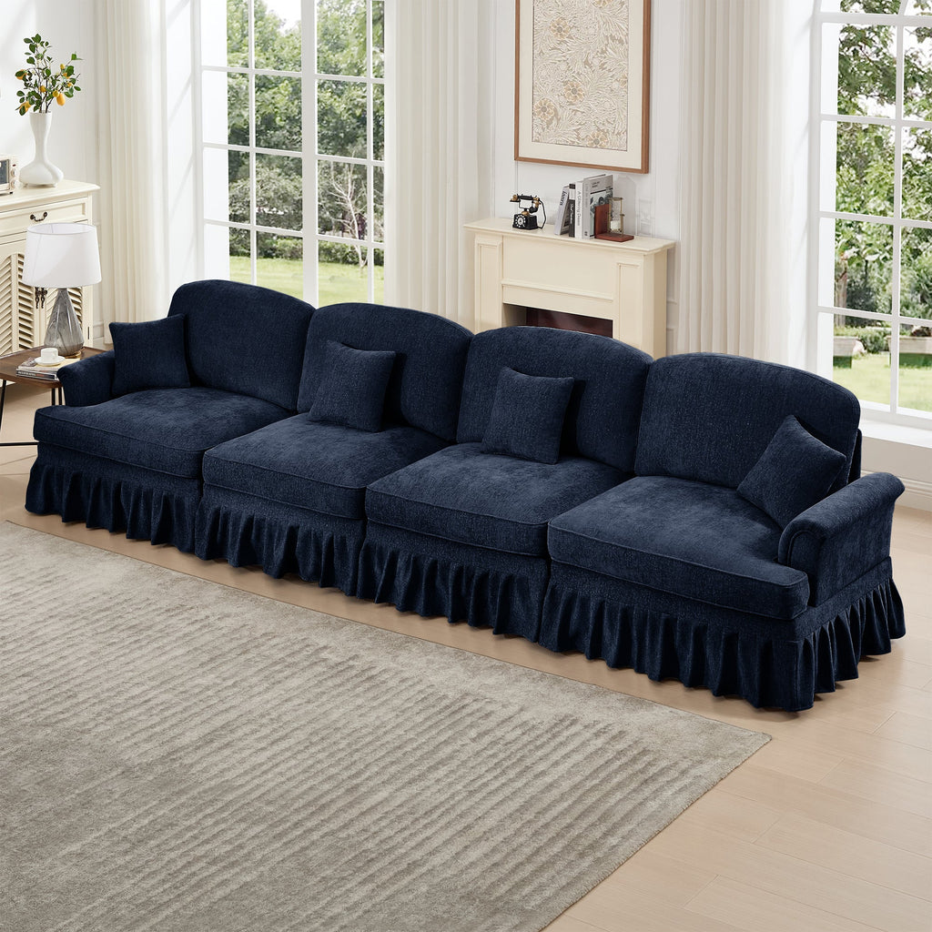 Elegant Mid Century Large 4 Seater Sofa Couch with Flared Arms and Removable Ruffles Pleats Skirts and Spindle Legs, Comfy Chenille Four-Seat Sofa for Living Room, Blue