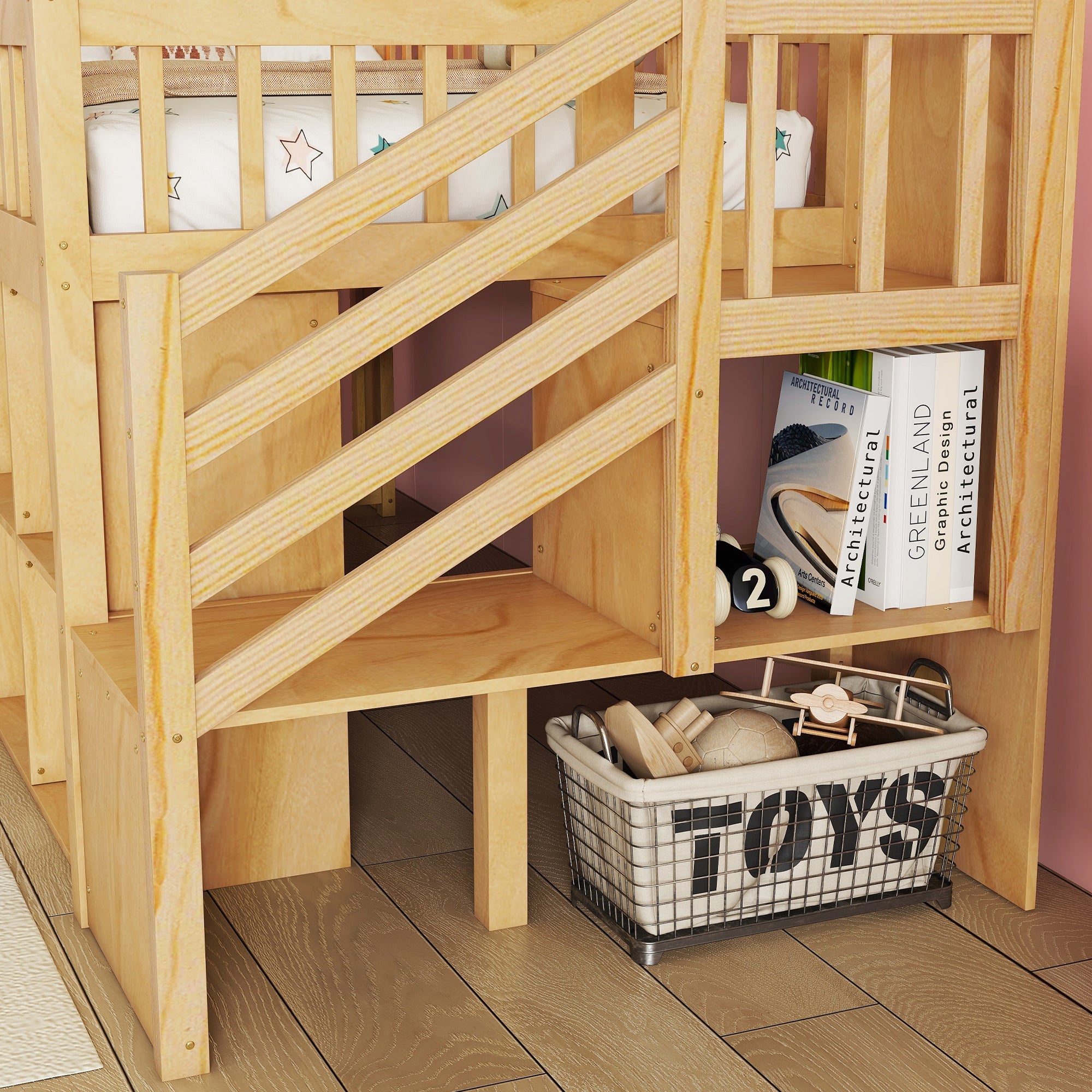 Twin Size Loft Bed with LED and Bookshelf, Wood Low Loft Bed with Stairs, Kids Twin Loft Bed with Storage Drawers and Shelves, Natural (Expect Arrival Date 2025/1/20)