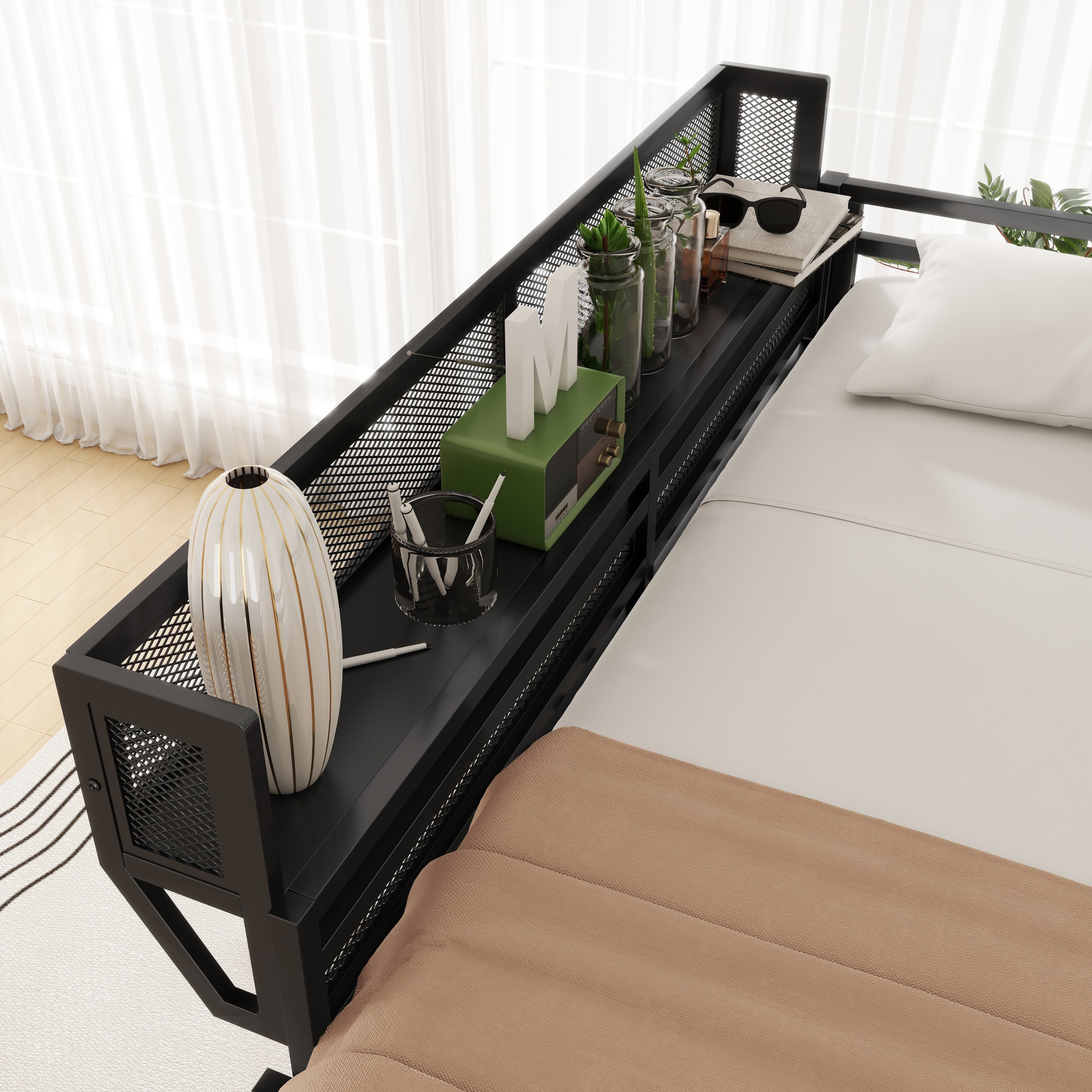 Full Size Loft Bed with Ladder, Metal Full Loft Bed with Storage Shelves, High Loft Bed for Kids Teens, Black(Expect Arrival Date 2025/11/26, Old SKU W2580P353531)