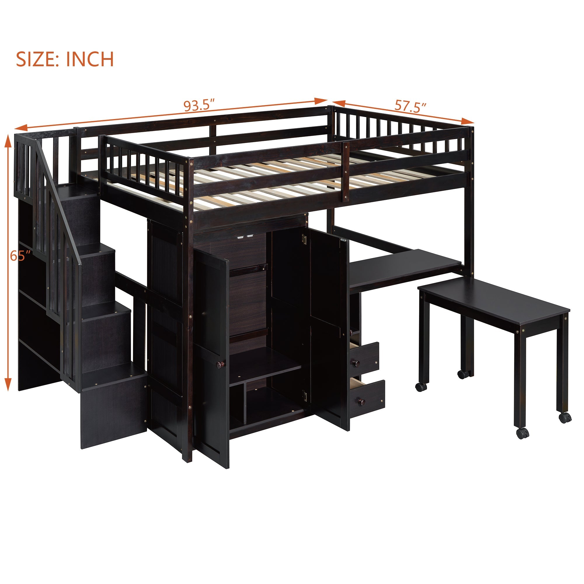 Full Size Loft Bed with Stairs, Bookshelf, Drawers, Desk & Wardrobe – Space-Saving Multifunctional Furniture for Kids & Teens-Espresso