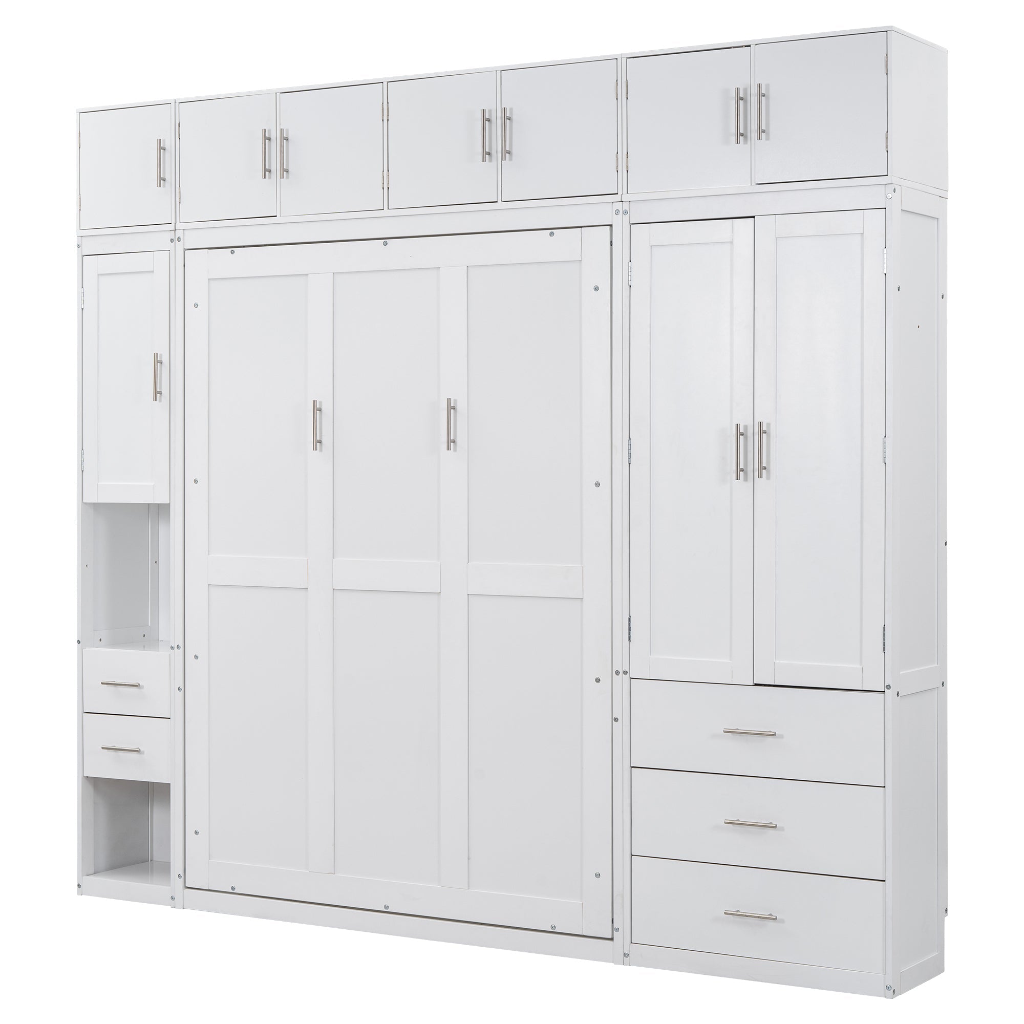 White Full Size Murphy Bed with Lockers and Wardrobes, MDF+Pine, 108.4''L x 15.7''W x 99''H