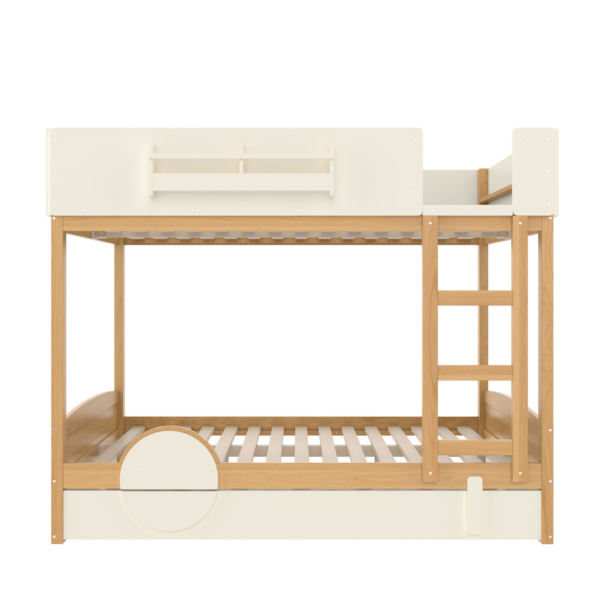 Queen Bunk Bed with Trundle , Wood Bunk Bed Frame with Built-in Bookshelf and High-quality Safety Guardrail,Automobile Form Design for Kids,Natural＆Beige