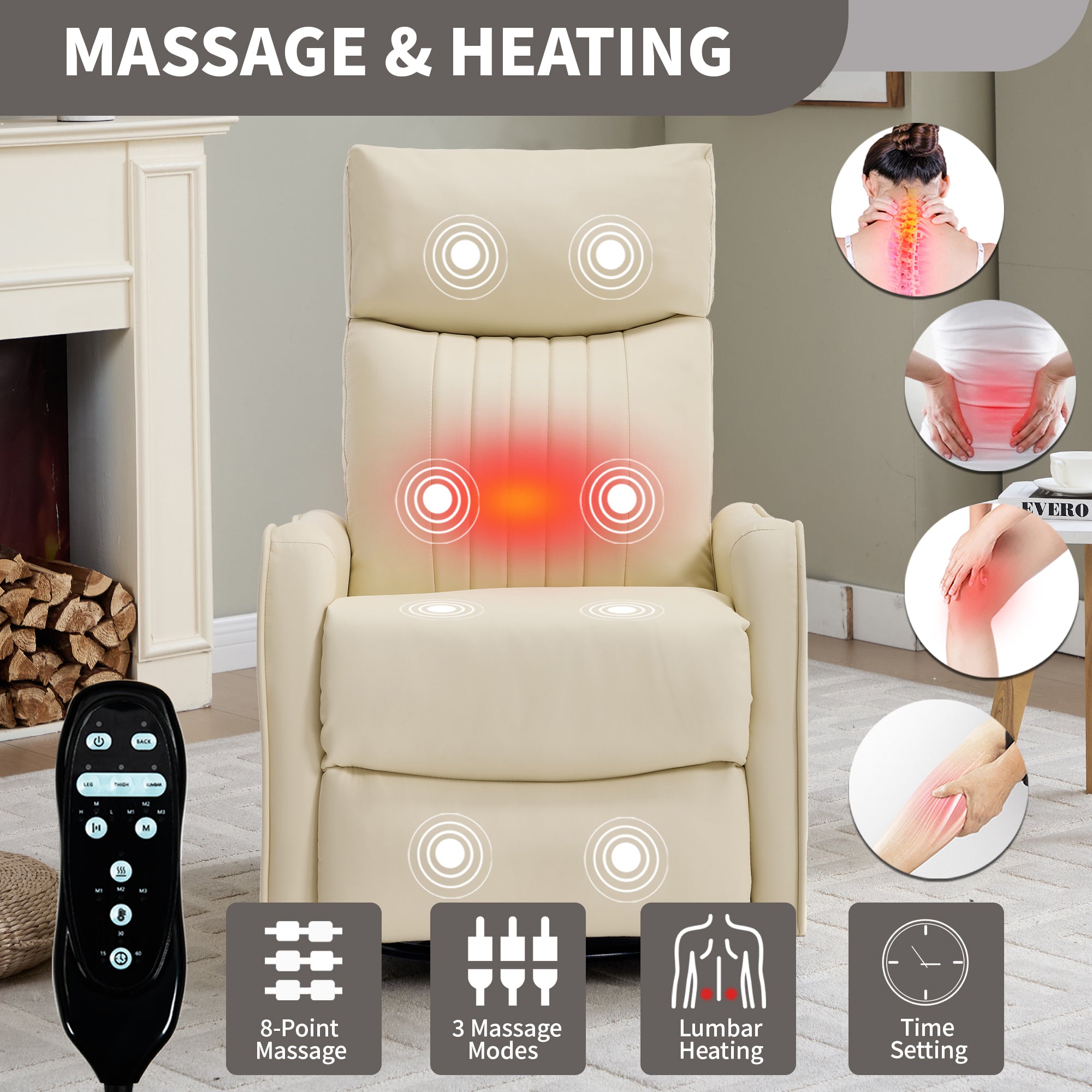Beige Heat Massage Manual Recliner Chair with Rocker and Swivel in Faux Leather for Living Room