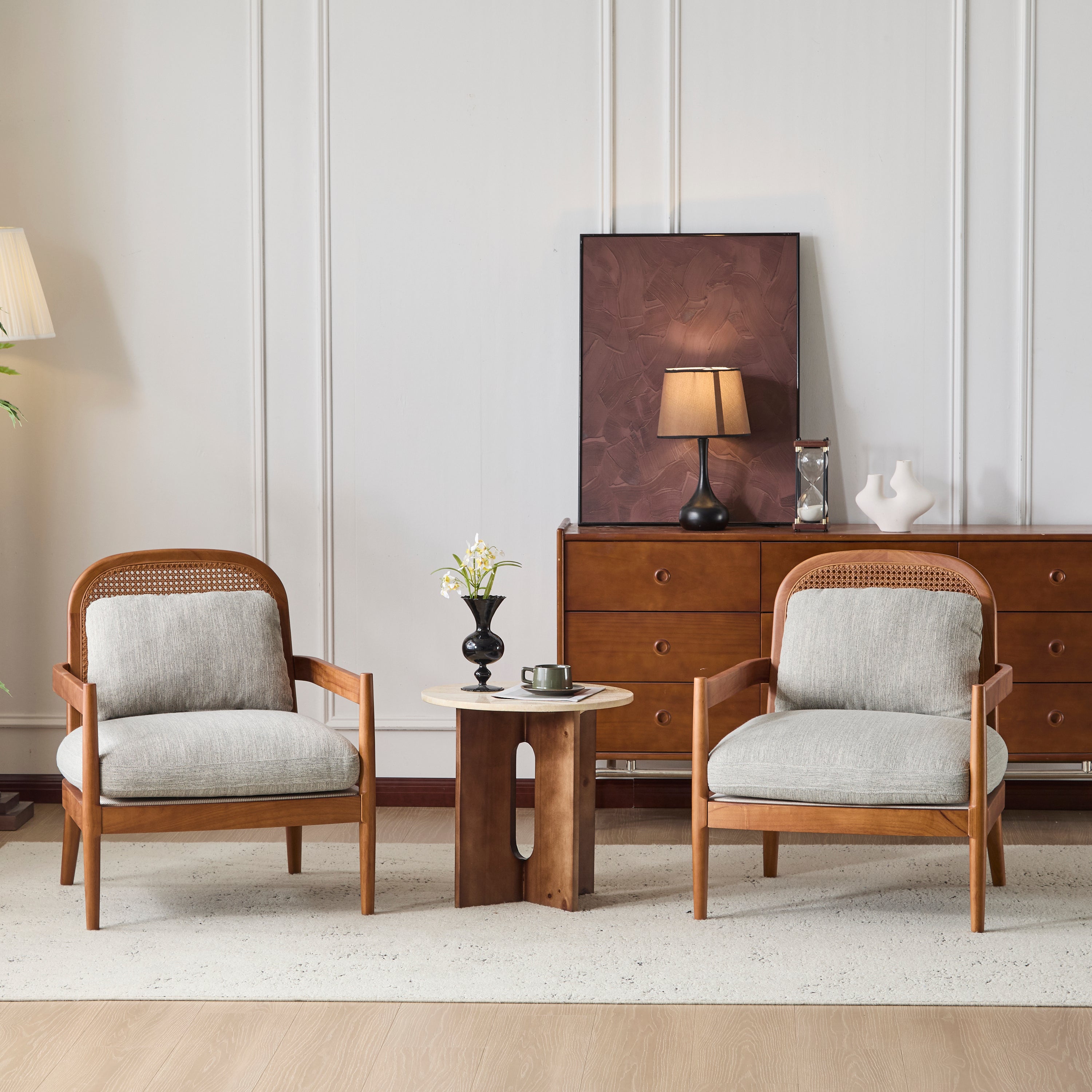 [Set of 2] 26.6' Mid-Century Modern Accent Chair with Walnut Finish Solid Wood Frame and Rattan Backrest, Greyish-Green Cushion, Comfy Armchairs for Living Room, Bedroom, Reading Nook