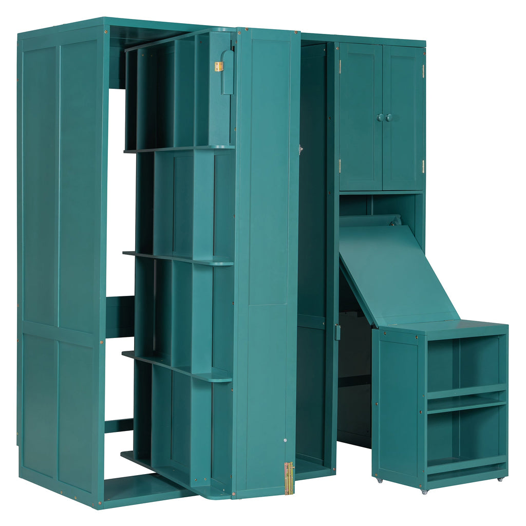 Twin Size Rotating Wall Murphy Beds with Bookshelf, Top Cabinet, Extendable Desk & Side Storage, Teal