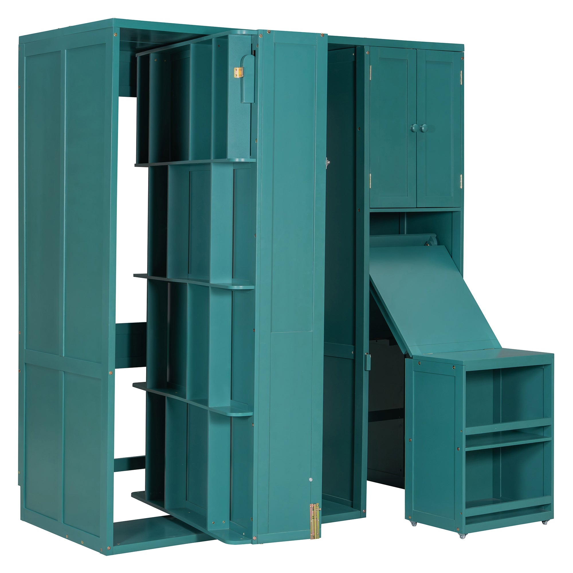 Twin Size Rotating Wall Murphy Beds with Bookshelf, Top Cabinet, Extendable Desk & Side Storage, Teal