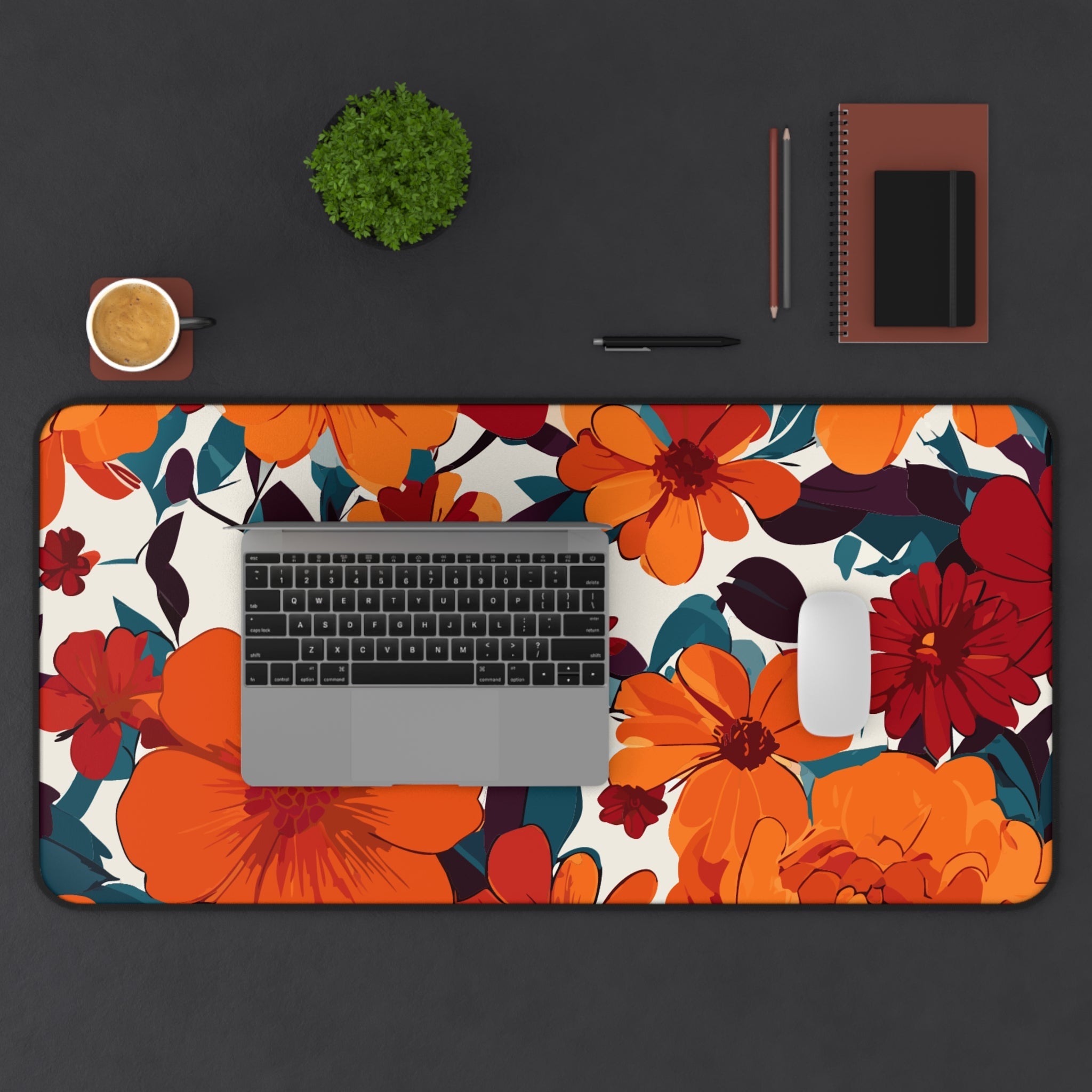 Vibrant Orange Floral Desk Mat | Retro Bloom Mouse Pad for Aesthetic Workspaces