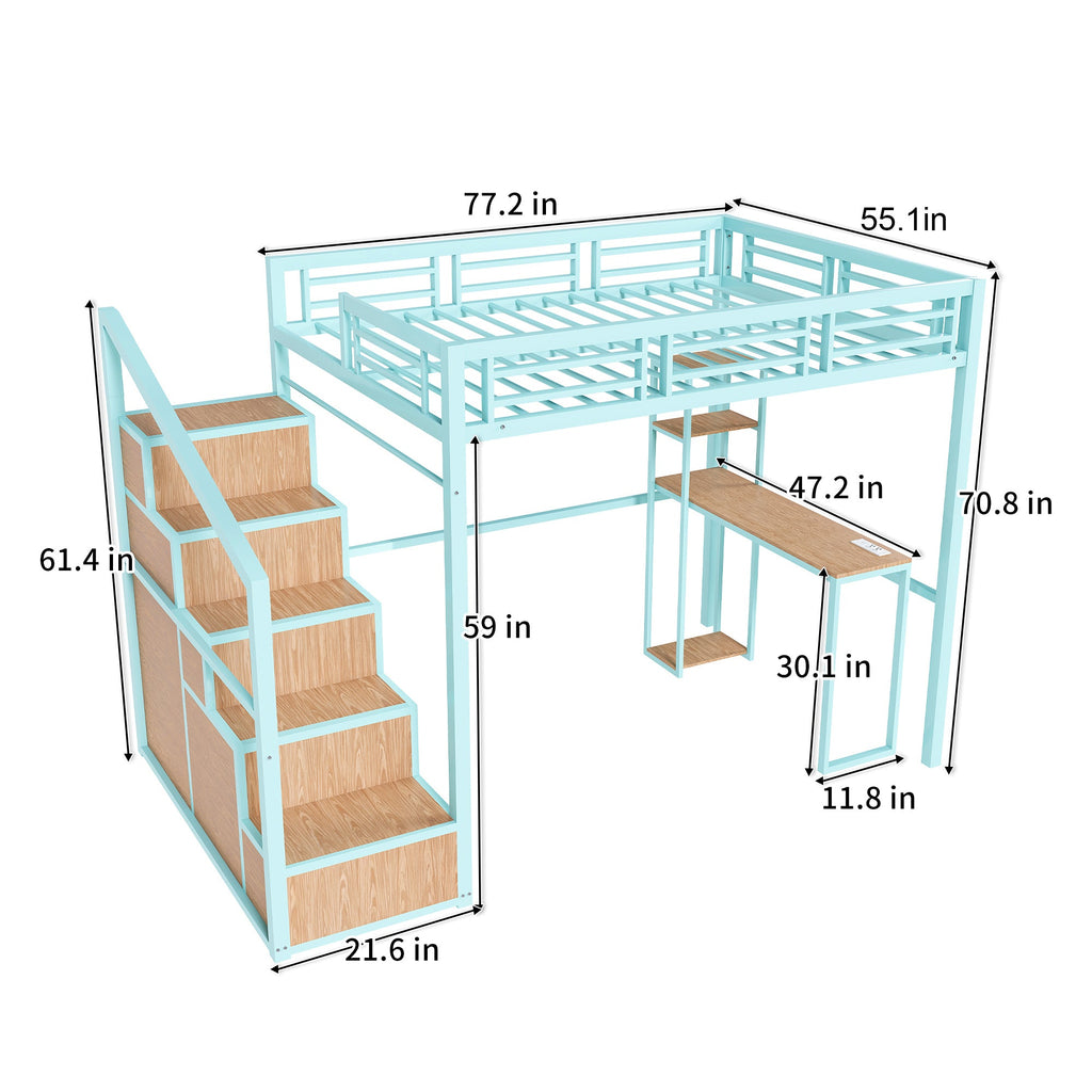 Heavy Metal Frame Full Loft Bed with Desk & Storage, 4 Cabinets, Staircase, Rack Space-Saver for Kids/Teens, Green Color