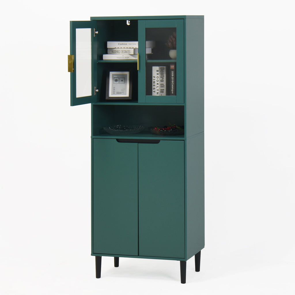 Tall Storage Bookcase with 2 Glass Display Door & 2 Doors, Tall Kitchen Pantry Cabinet with Gold Handles, Modern Cabinet Freestanding Living Room Green
