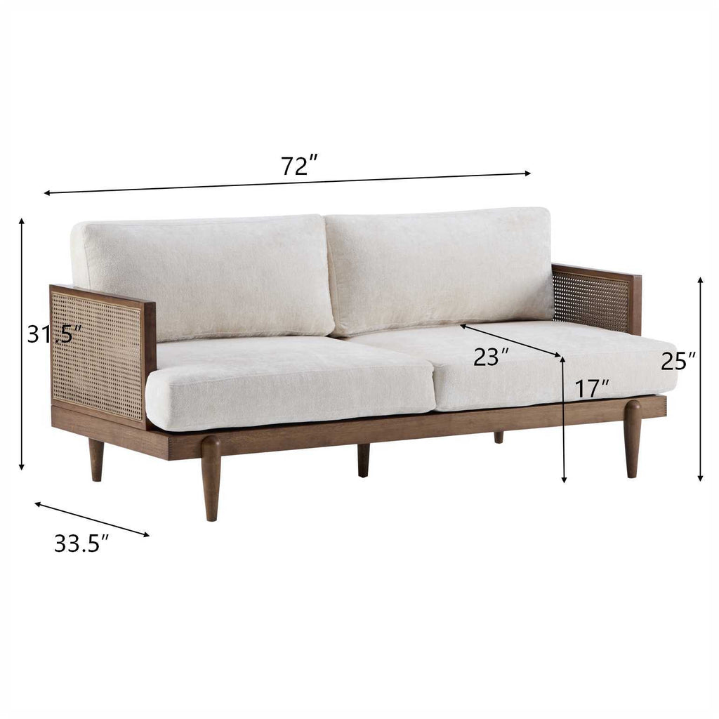 EMIR 72' Square Arm 3-Seater Sofa with Cane Rattan and Wooden Frame,Walnut,,Living Rooms,Bedrooms,Apartment Office