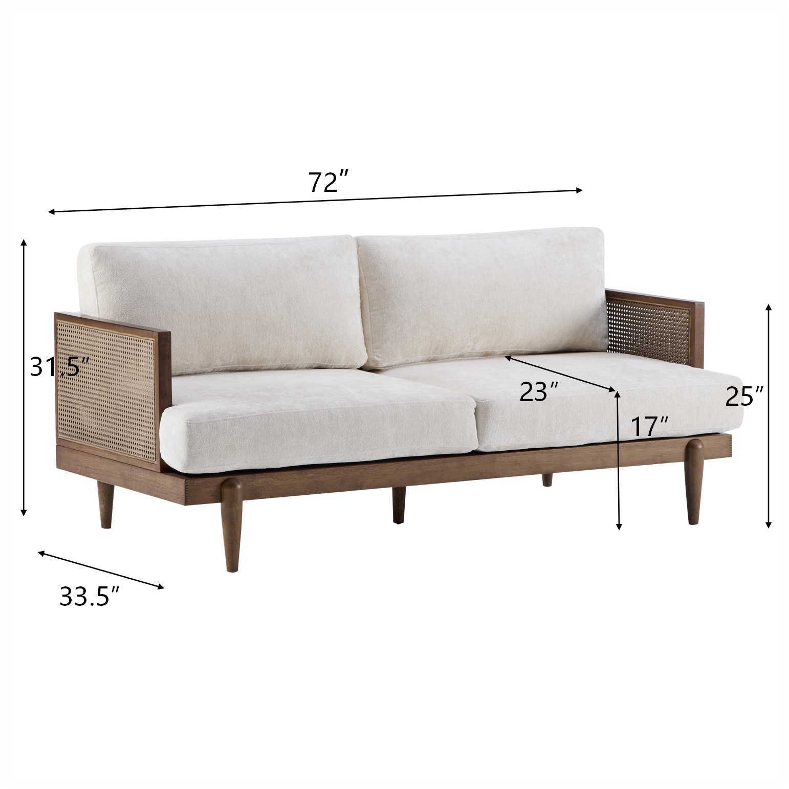 EMIR 72' Square Arm 3-Seater Sofa with Cane Rattan and Wooden Frame,Walnut,,Living Rooms,Bedrooms,Apartment Office